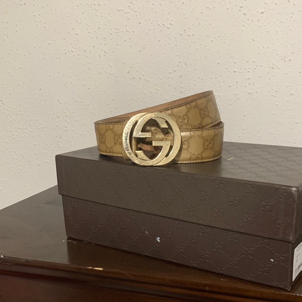 Gucci Beige Monogram Belt with Gold Emblem